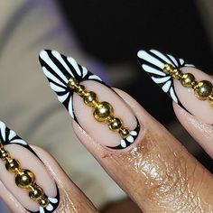 Cute Nails Classy, 2 Line French Nails, Hair Stylist Nails, Unique Square Acrylic Nails, Royal Nail Designs, Gold Line Nails, Different Design On Each Nail, Black Nails Trendy, Intricate Nail Designs