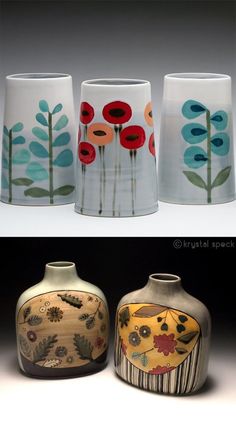 three vases with different designs on them and one has flowers painted on the side