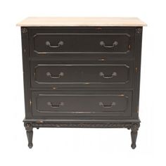 an old black dresser with marble top and drawers on it's legs, against a white background