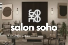 the salon and cafe logo is displayed in front of an open room with tables, chairs, and couches