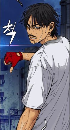 an anime character pointing at something in the air with his hand on his hip and wearing red gloves