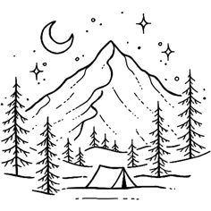 a drawing of a tent in the woods with mountains and stars above it, surrounded by trees