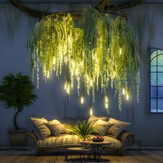 a living room filled with furniture and hanging plants