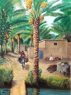 a painting of a person riding a motorcycle down a dirt road next to palm trees