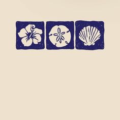 three blue and white tile designs with flowers, seashells and shells on them