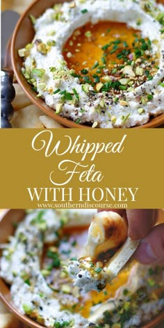 whipped feta with honey dip in a bowl