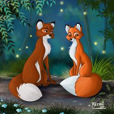 two foxes are sitting in the woods looking at each other