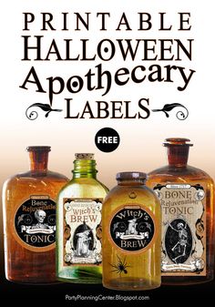 three bottles with labels on them that say, printable halloween apothecary labels