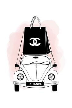 a black and white drawing of a car with a chanel bag on it's hood