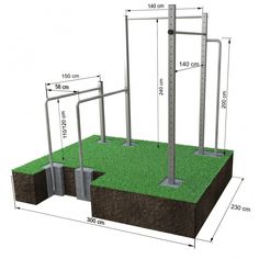 the height of an outdoor gym equipment set up in front of a green area with measuring lines