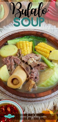 beef and corn soup in a wooden bowl with text overlay that reads buffalo soup