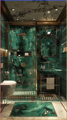 a bathroom with green marble walls and flooring