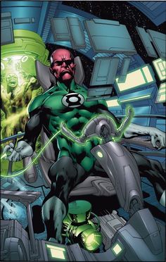 the green lantern is sitting on his motorcycle in front of a space station with an alien like creature