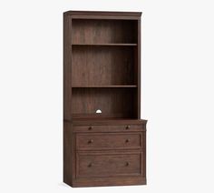 a wooden bookcase with drawers on the bottom and one drawer in the middle, against a white background