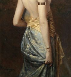 a painting of a woman in a dress with her back turned to the camera,