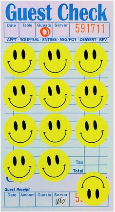 a yellow smiley face sticker with the words guest check written in black on it