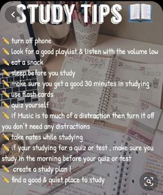 an open book sitting on top of a table next to a cup and notebook with the words study tips