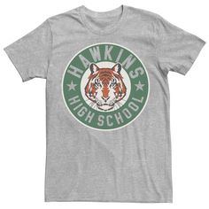 Join Eleven and gang with this men's Stanger Things tee. Crewneck Short sleevesFABRIC & CARE Cotton, polyester Machine wash Imported Color: Med Grey. Gender: male. Age Group: adult. Pattern: Graphic. Material: Cotton Blend. Hawkins High School, Stranger Things Style, Stranger Things Logo, Netflix Stranger Things, Tiger Mascot, Stranger Things Tshirt, Tiger Logo, Graphic Material, School Logo