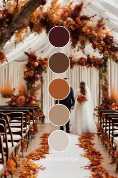 a bride and groom standing in front of a wedding arch with fall leaves on it