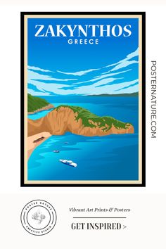 the zakynthos greece travel poster is shown with an image of boats in the water