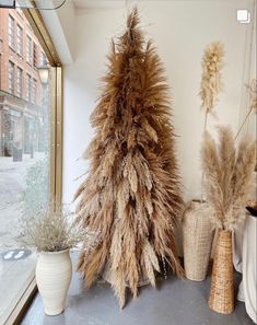 two vases filled with dried plants next to a window