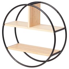 the circular shelf is made out of wood and metal