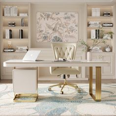 a desk with a laptop on it in front of a bookcase and bookshelves