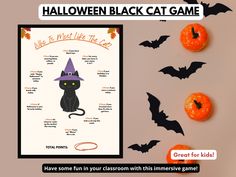 halloween black cat game with pumpkins and bats