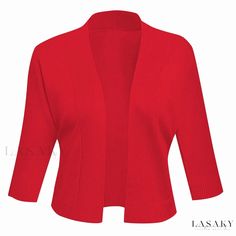 Lasaky - Soft and Chic Open-Front Knitwear Classic Fitted Red Cardigan, Classic Red Fitted Cardigan, Red Knit Sweater For Work, Elegant Red Knit Sweater, Elegant Red Knit Top, Fitted Knitted Red Outerwear, Fitted Red Knit Outerwear, Fitted Red Knit Cardigan, Short Shrugs For Dresses