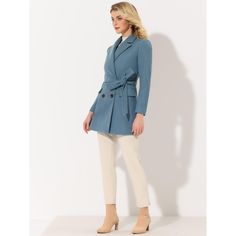 The long trench coat is shaped in a classic double-breasted cut. This soft, elegant coat with a tie around the waist detail is a classic look and will keep you warm in the cool weather. Whether you want to dress up your look or just stay warm in casual winter, it is a better choice for you. The self-tie belt style is flattering and fits more different body shapes. Formal Double-breasted Wool Coat With Belted Cuffs, Elegant Pea Coat With Belted Cuffs And Long Sleeves, Elegant Pea Coat With Belted Cuffs, Elegant Long Sleeve Pea Coat With Belted Cuffs, Belted Long Pea Coat For Workwear, Double-breasted Belted Wool Coat For Work, Belted Cuffs Long Pea Coat For Office, Winter Workwear Blazer Dress With Belt, Long Pea Coat With Belted Cuffs For Office