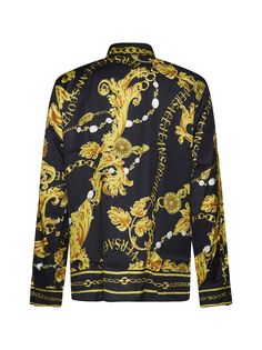 100% Cotton Gold Baroque Print Formal Tops, Gold Baroque Print Top For Formal Occasions, Formal Gold Tops With Baroque Print, Formal Gold Top With Baroque Print, Gold Long Sleeve Tops With Baroque Print, Gold Long Sleeve Top With Baroque Print, Long Sleeve Gold Tops With Baroque Print, Luxury Silk Top With Graphic Print, Formal Long Sleeve Shirt With Baroque Print