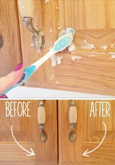 a toothbrush is being used to clean the bathroom door handle and wood paneling