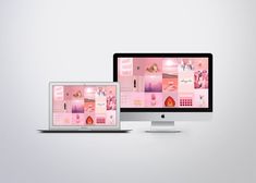 two computer monitors sitting next to each other on top of a white surface with pink images