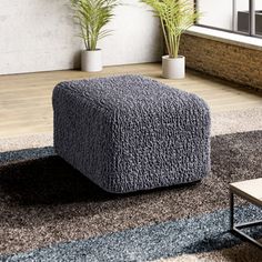 a living room with a couch, coffee table and potted plants