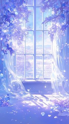 an image of a window with flowers in the air and sunlight coming through it,