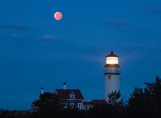 a lighthouse with the moon in the background