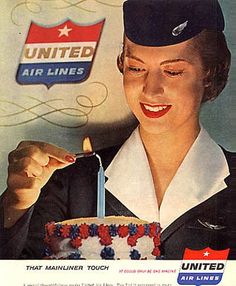 an advertisement for united airlines shows a woman holding a cake with candles in her hand