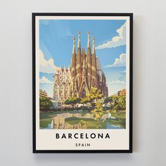 a poster hanging on the wall shows barcelona spain