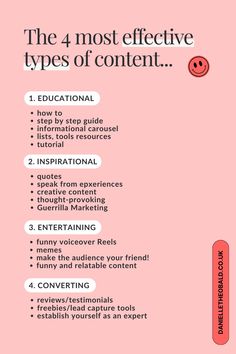 the four most effective types of content infographical poster with text and icons on pink background