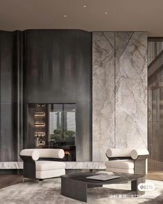 an elegant living room with black and white furniture in the corner, marble walls and flooring