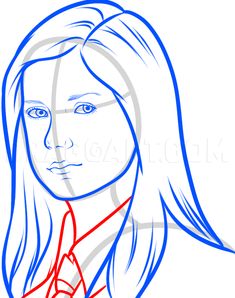 a drawing of a woman's face with long hair and blue eyes, wearing a red tie