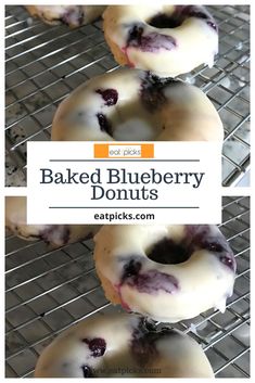 baked blueberry donuts on a cooling rack with the words baked blueberry donuts above them