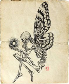 a drawing of a skeleton with a butterfly on it's back, holding a flower