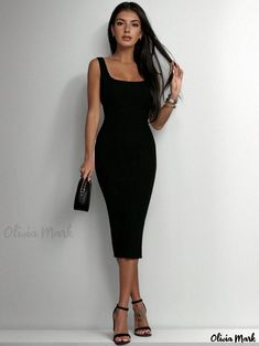 Olivia Mark - Sleek Solid Color Sleeveless V-Neck Bodycon Midi Dress Black Midi Dress Bodycon, Irregular Skirt, Brown Outfit, Bodycon Midi Dress, Loose Fitting Dresses, Home Dress, Bodycon Midi, Neck Ruffle, Midi Dress Sleeveless