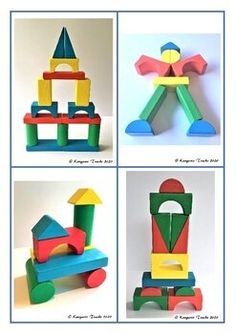 four pictures of different shapes and sizes of wooden toys for children to play with in the house