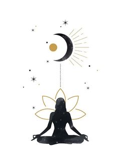 a person sitting in the middle of a lotus position with a crescent above them and stars around