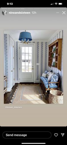 a room with blue and white striped walls