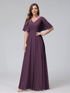 Solid V-neck Chiffon Dress, V-neck Chiffon Dress For Banquet, Solid V-neck Bridesmaid Maxi Dress, Chiffon V-neck Maxi Dress For Banquet, Solid Chiffon V-neck Dress, Flowy Solid Chiffon V-neck Dress, Flowy Solid Chiffon Dress With V-neck, Solid Color Flowy V-neck Chiffon Dress, Solid Chiffon Bridesmaid Dress