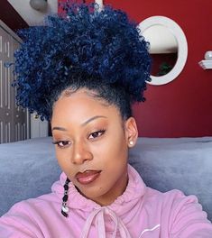 Blue Afro Hair Black Women, Midnight Blue Curly Hair, Blue Natural Hair, Blue Afro, Pixie Aesthetic, Blue Hair Color Ideas, Blue And Purple Hair, Midnight Blue Hair, Royal Blue Hair