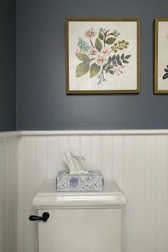 two paintings on the wall above a toilet in a bathroom with blue and white walls